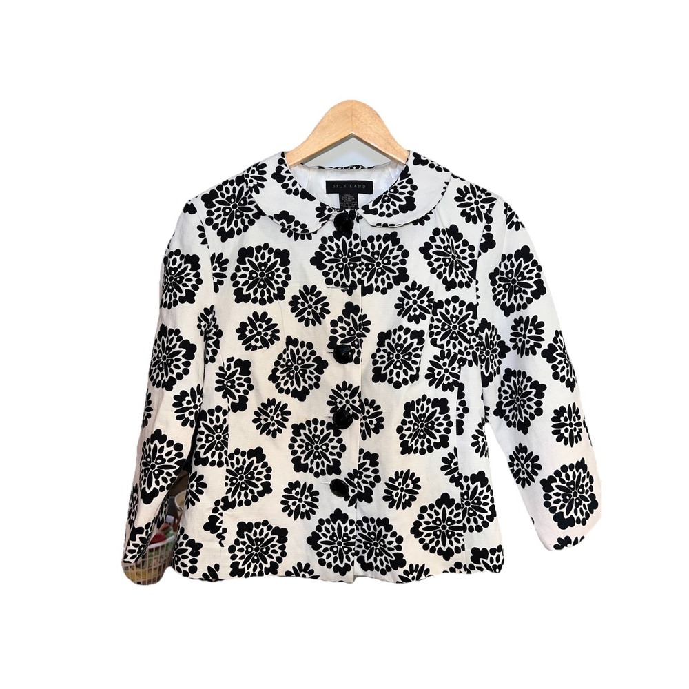 Silk Land Vintage Floral Medallion Jacket Size M Black White Linen Blend Lined